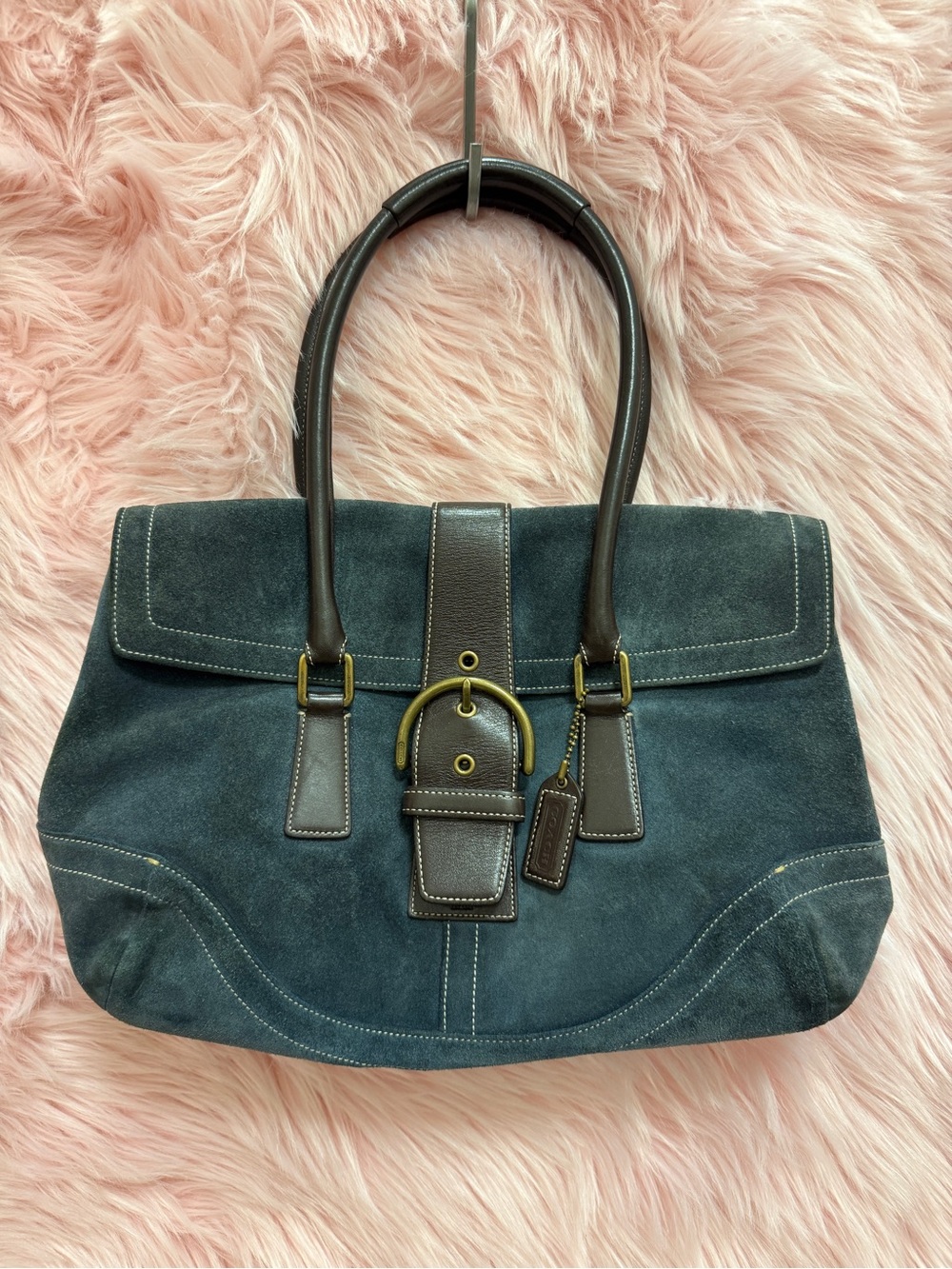 Vintage Coach Blue Suede Shoulder Bag with Brown Leather Trim